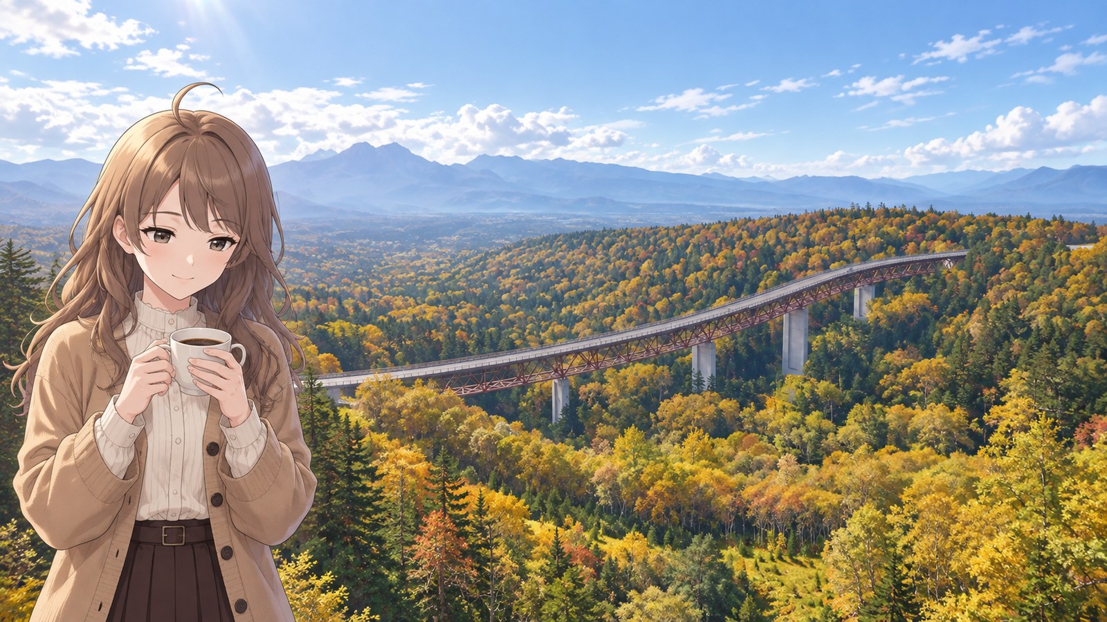 At Mikuni Pass in autumn, Matsumi Ōhashi sweeps in a wide curve across a forest of golden deciduous trees and conifers. The heroine wears a brown cardigan over a cream long-sleeved blouse and holds a white coffee cup in both hands.