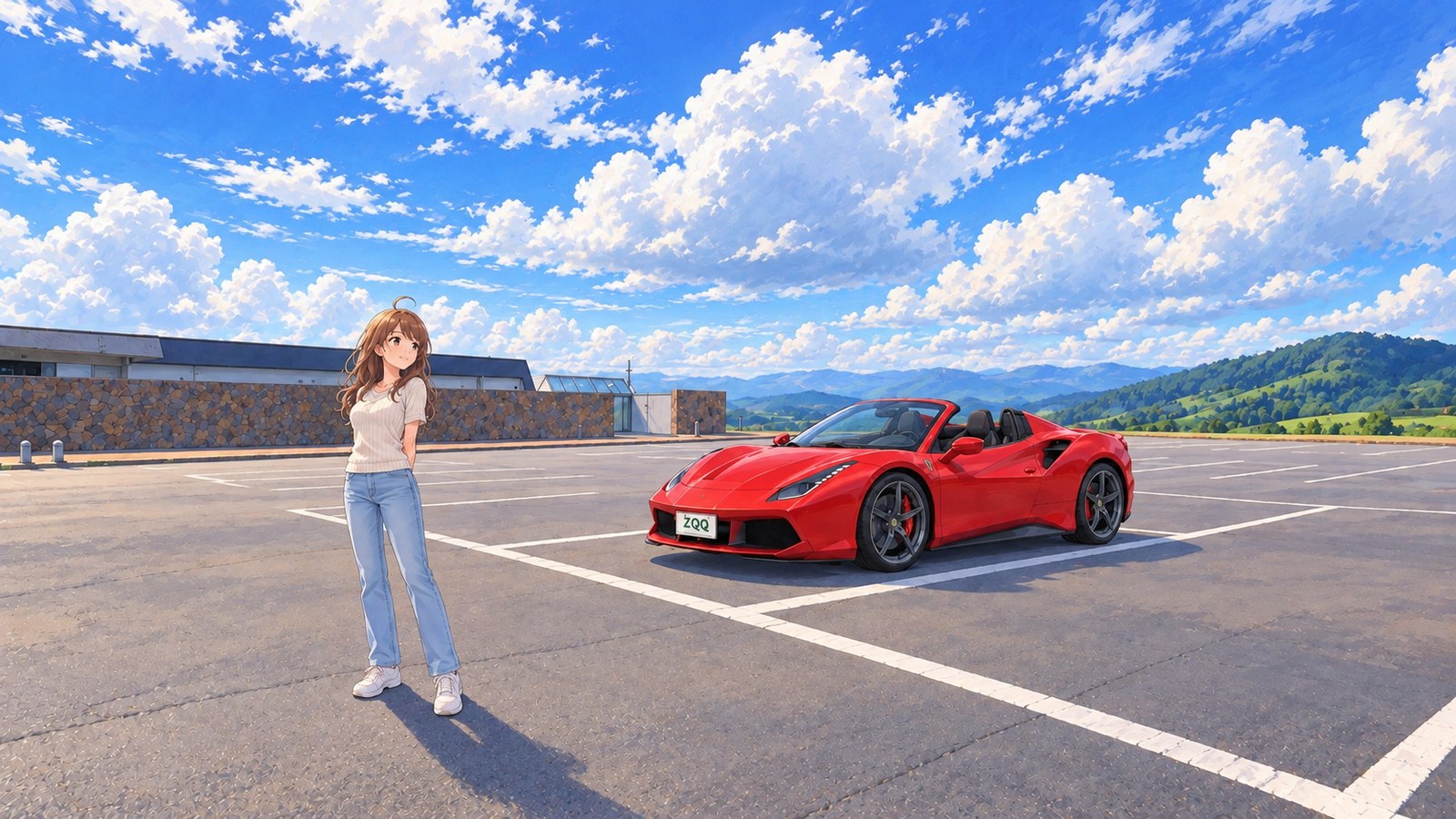In the paved car park at Naitai Terrace in summer, a woman in a short-sleeved knit top and jeans stretches her shoulders. A red convertible is parked in a marked space behind her, with a low stone-walled building and grassy hills beyond.
