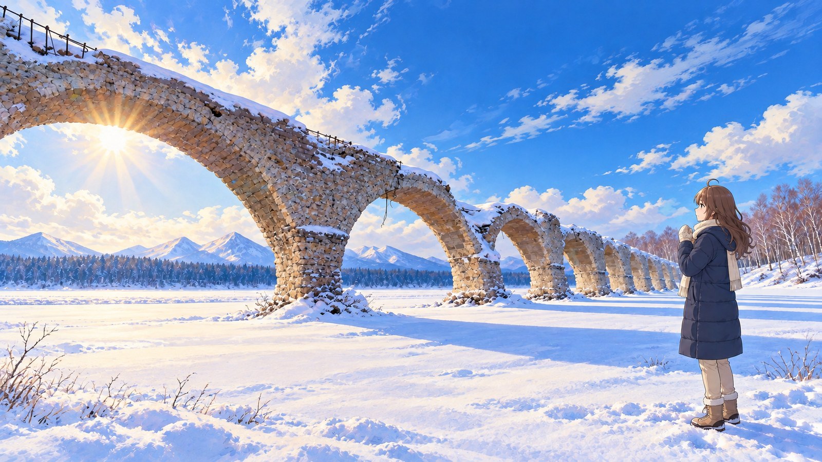 A woman in a navy down jacket and scarf warms her hands on Lake Nukabira in winter, with the concrete arches of Taushubetsu River Bridge stretching into the snowy distance.