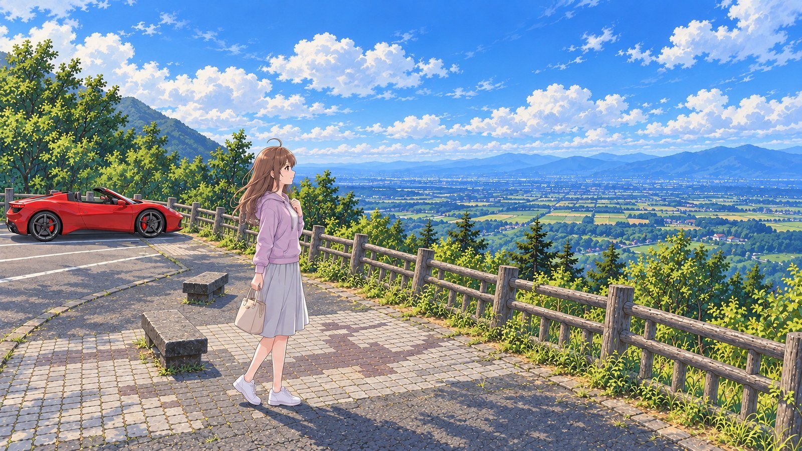 A woman in a light jacket and skirt holds a handbag as she looks out over the Tokachi Plain at Ogigahara Observatory in summer. She stands on stone paving beside a low bench and wooden railing, with a red convertible parked in a space behind her.