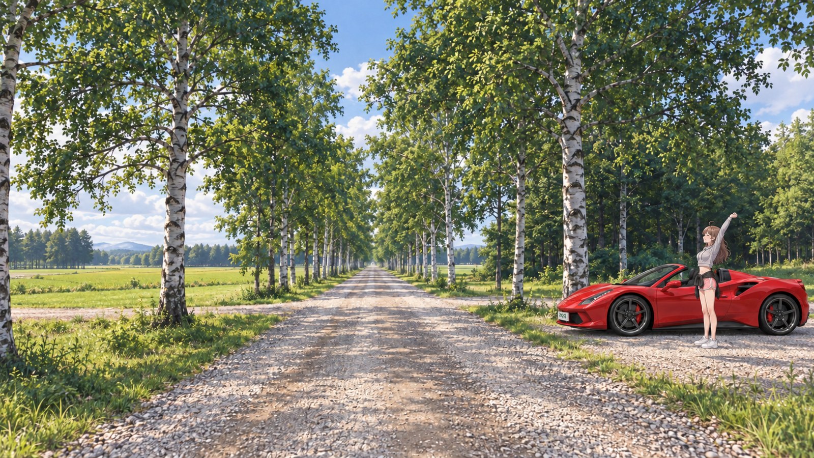 Early summer at the entrance to Tokachi Ranch Birch Avenue. A woman in a cropped gray sweatshirt and pink shorts stretches one arm in the parking bay on the right. Beyond a red car are the birch trees and gravel road.