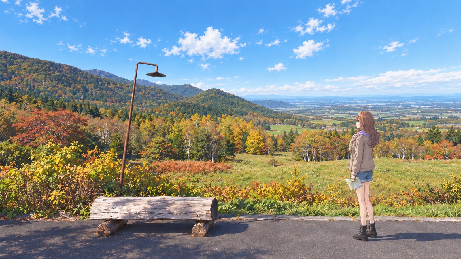 A lookout on Nissho Pass in autumn. The heroine holds her jacket collar and lowers a folded map as she looks across the plain. Beyond a log bench are an autumn-colored slope and the Tokachi Plain.