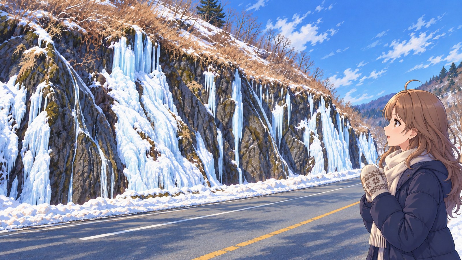 A woman in a navy down jacket and scarf holds her gloved hands together at her chest, with icicles lining the cliff and snow along the roadside at Funbe Falls in winter