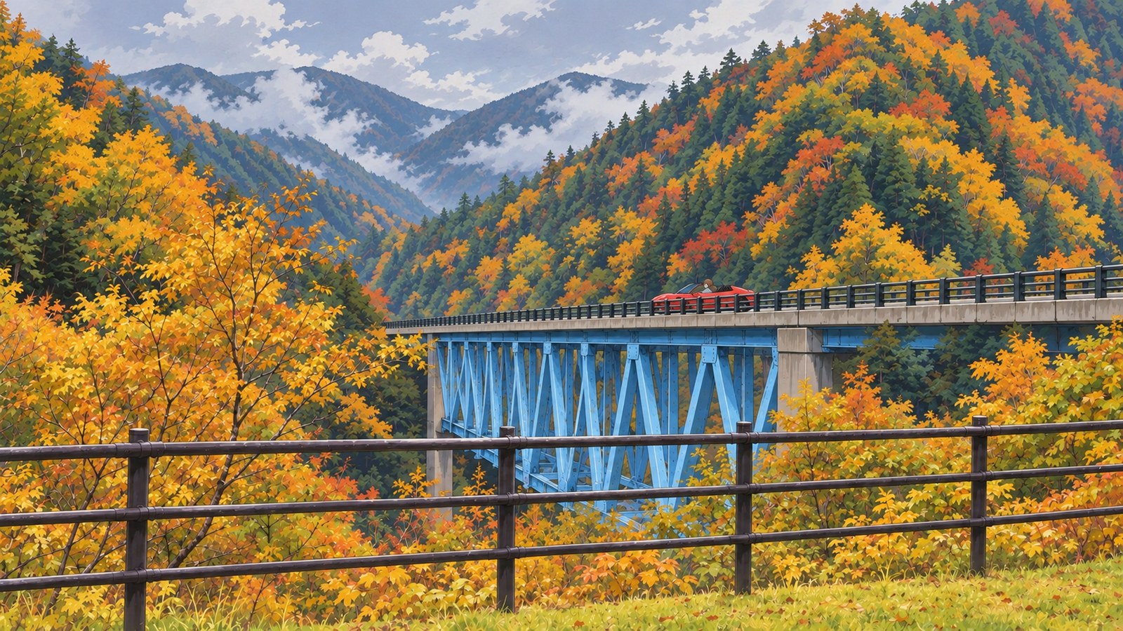 Autumn on the Tenma Kaidō. Kamikineusu Bridge and a valley of fall colors, seen over the park’s metal railing. A small figure sits in a red car on the bridge, with thin clouds over the mountains.