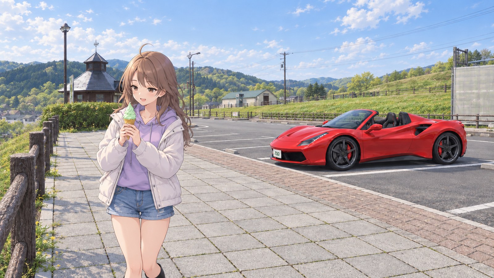 A spring scene at Thoroughbred Ginza Car Park: a woman in a white jacket and purple hoodie holds a pale green scoop of green pepper soft serve. Paving stones, a log fence, a gazebo and a red car in a marked bay.