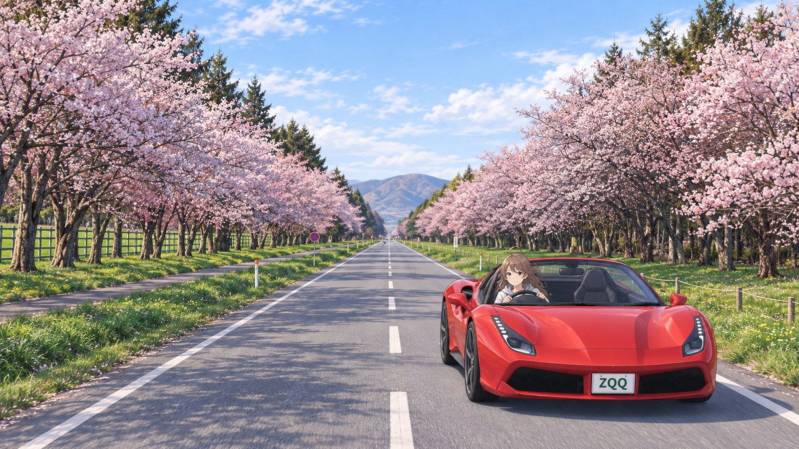 A straight stretch of Shizunai Nijukken Cherry Blossom Road in spring, lined with cherry trees on both sides. A red convertible travels in the lane on the right side of the image, and the driver holds the wheel with both hands from the right-hand seat.