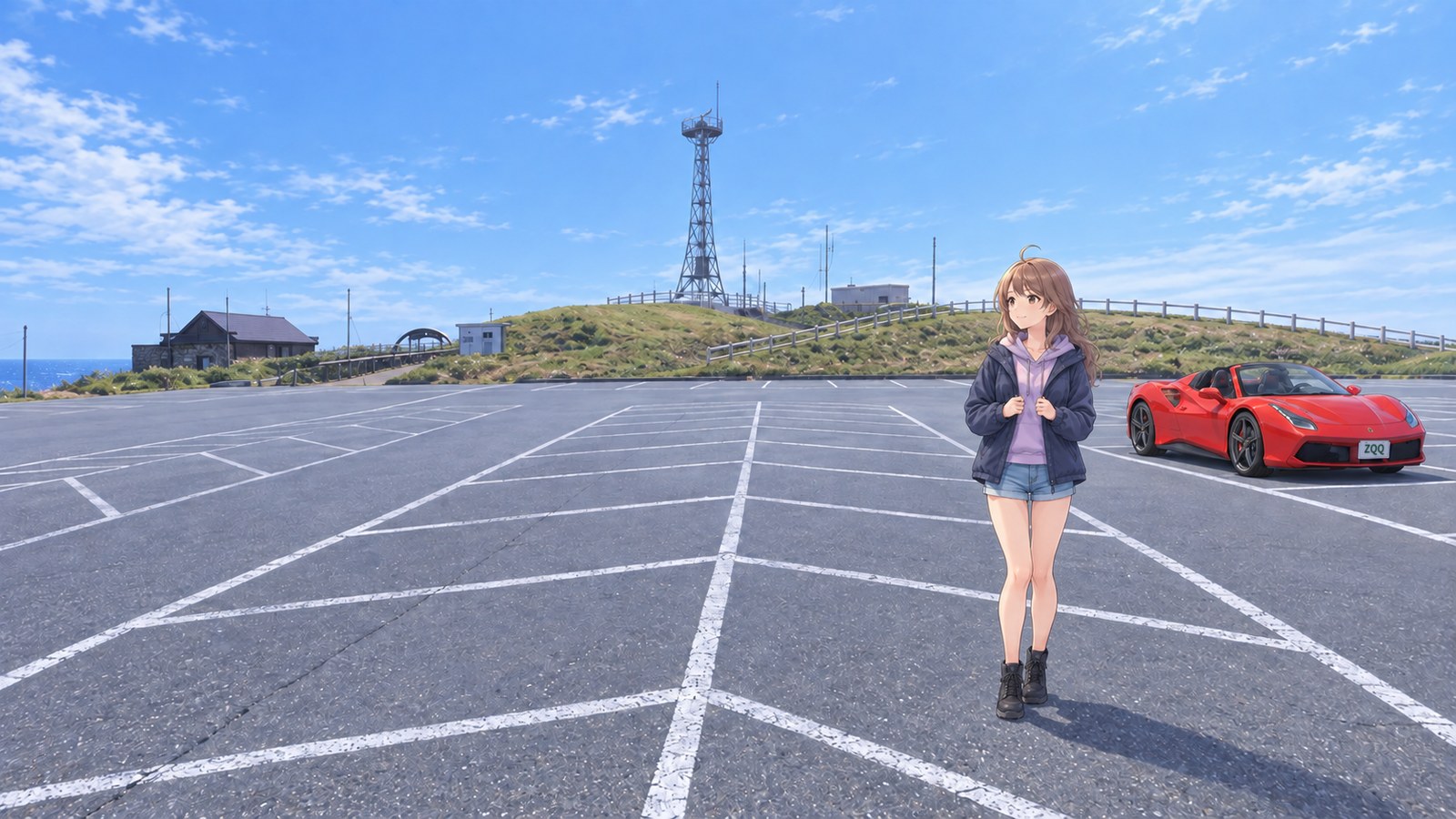 At Cape Erimo's main car park in summer, the narrator holds her jacket closed, wearing a navy windproof jacket over a purple hoodie. A grassy hill, a lattice-frame weather tower and a red car in its parking space are visible behind her.