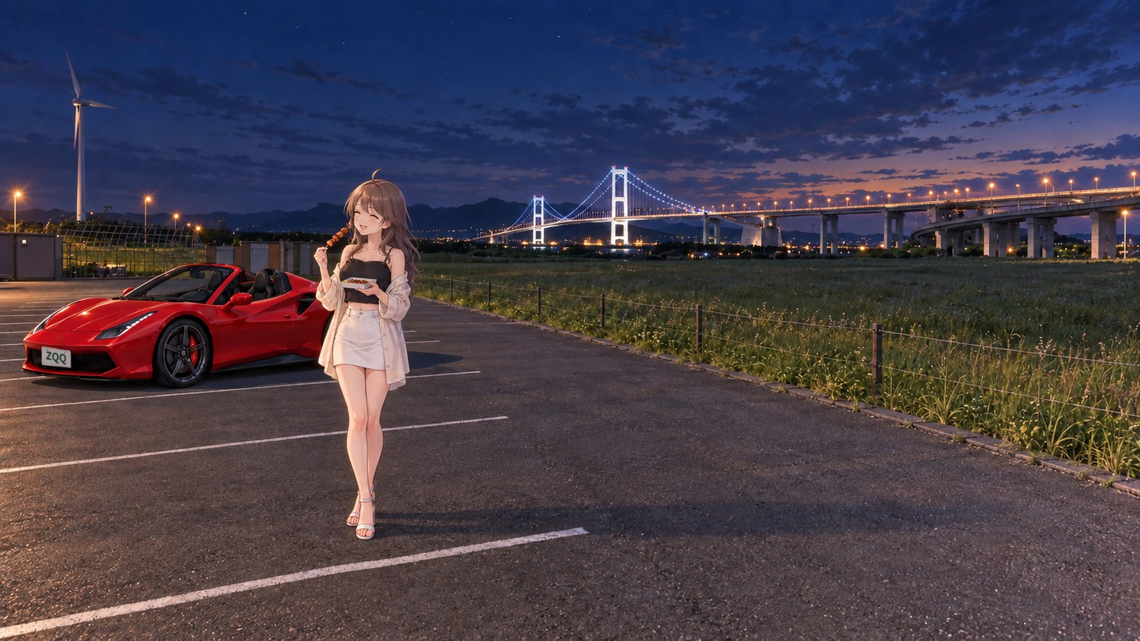 On a summer night in a car park with a view of Hakucho Bridge lit up in white, a woman in a black top, white miniskirt and light jacket holds a container and eats a skewer. A red car is in the left background.