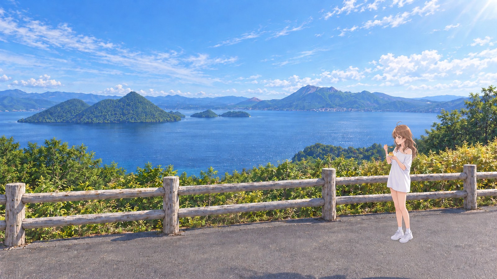 A woman in a short white T-shirt dress and white sneakers eats pudding from a plate inside the log railing at Silo Observatory in summer. Lake Toya and Nakajima are behind her, with Mount Usu and Showa Shinzan beyond.