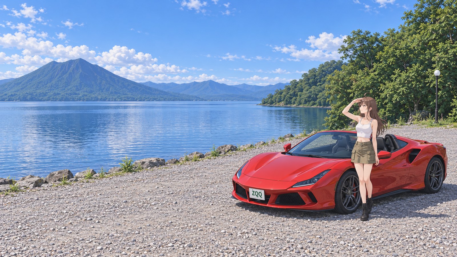 At Poropinai on Lake Shikotsu in summer, a woman in a white tank top, short khaki skirt and black boots stands beside a red car in the gravel car park, shading her eyes with one hand as she looks across the lake. The lake and mountains are on the left, trees on the right.