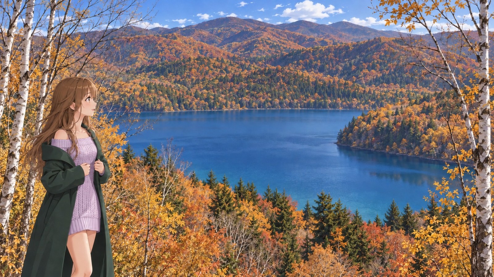 At the Lake Okotanpe lookout in autumn. A woman in a deep green long coat and pale purple knit sweater holds the front of her coat as she looks at the blue lake through the birches. A wooded headland lies to the right of the lake, with autumn-coloured mountains beyond.
