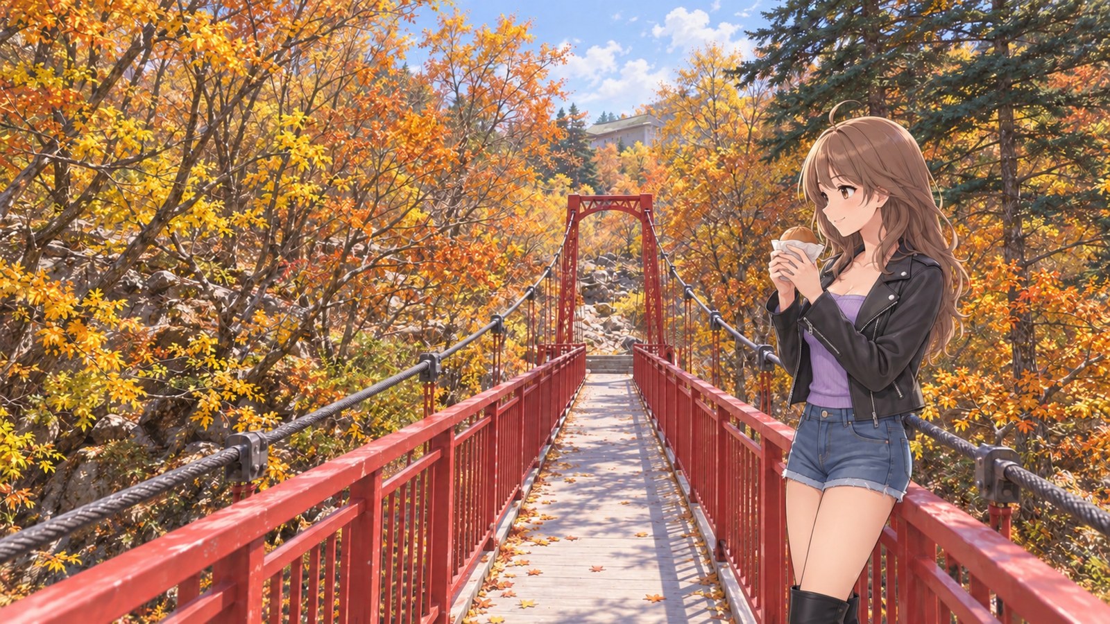 At Futami Suspension Bridge in autumn, a woman in a black biker jacket, pale lilac top and denim shorts holds an onsen manju in both hands. Red railings run along both sides of the plank deck, and autumn trees surround the far support.