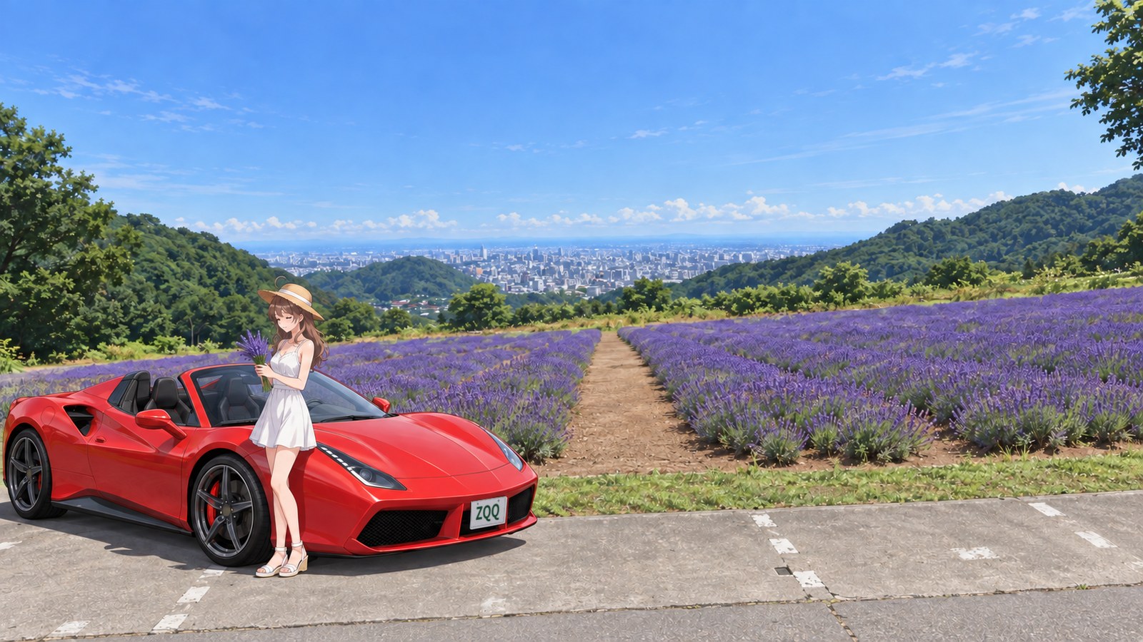 On a summer day at Horomi Pass, the narrator looks down at a bouquet beside a red convertible in the paved car park, with lavender fields and Sapporo in the distance. She wears a white dress and a straw hat.