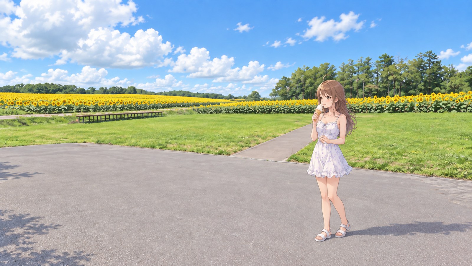 At Hokuryu Sunflower Village in summer, a woman in a white floral dress eats white soft-serve ice cream on the paved entrance path, with a field of sunflowers stretching beyond the lawn.