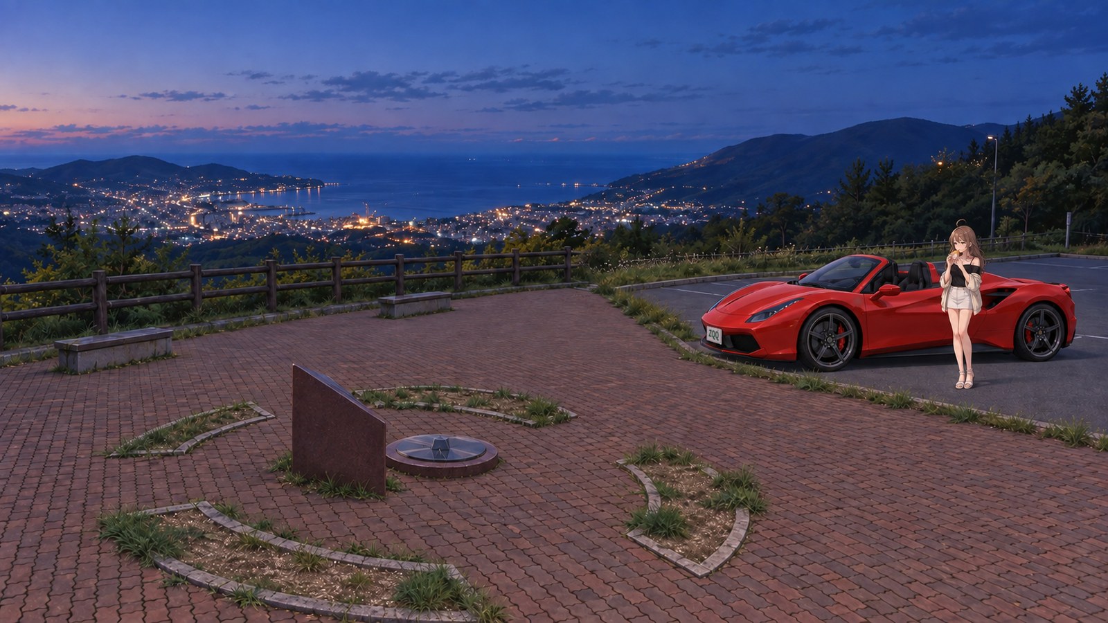 After sunset at Mount Kenashi Lookout, a woman eats a small baked pastry beside a red convertible in the adjacent car park, with Otaru’s lights and Ishikari Bay behind her.