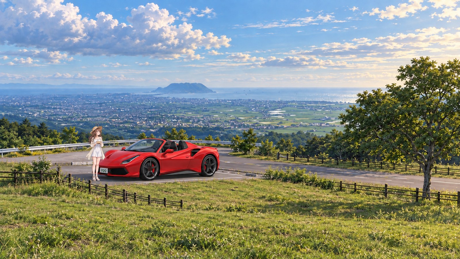 A woman holding a small white box stands beside a red convertible parked in a paved roadside bay at Shirotai Farm in summer. The Ōno Plain, Mount Hakodate and the sea stretch beyond the grassland.