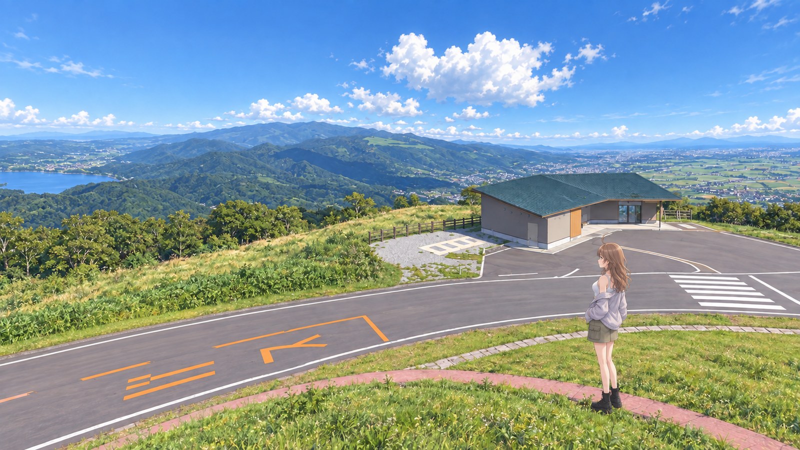 A woman in a khaki miniskirt and light jacket stands on the grass at Kijihiki Plateau in summer. Below are a curving road and an observatory; beyond them are mountain ridges, water and a plain. No car is in the frame.