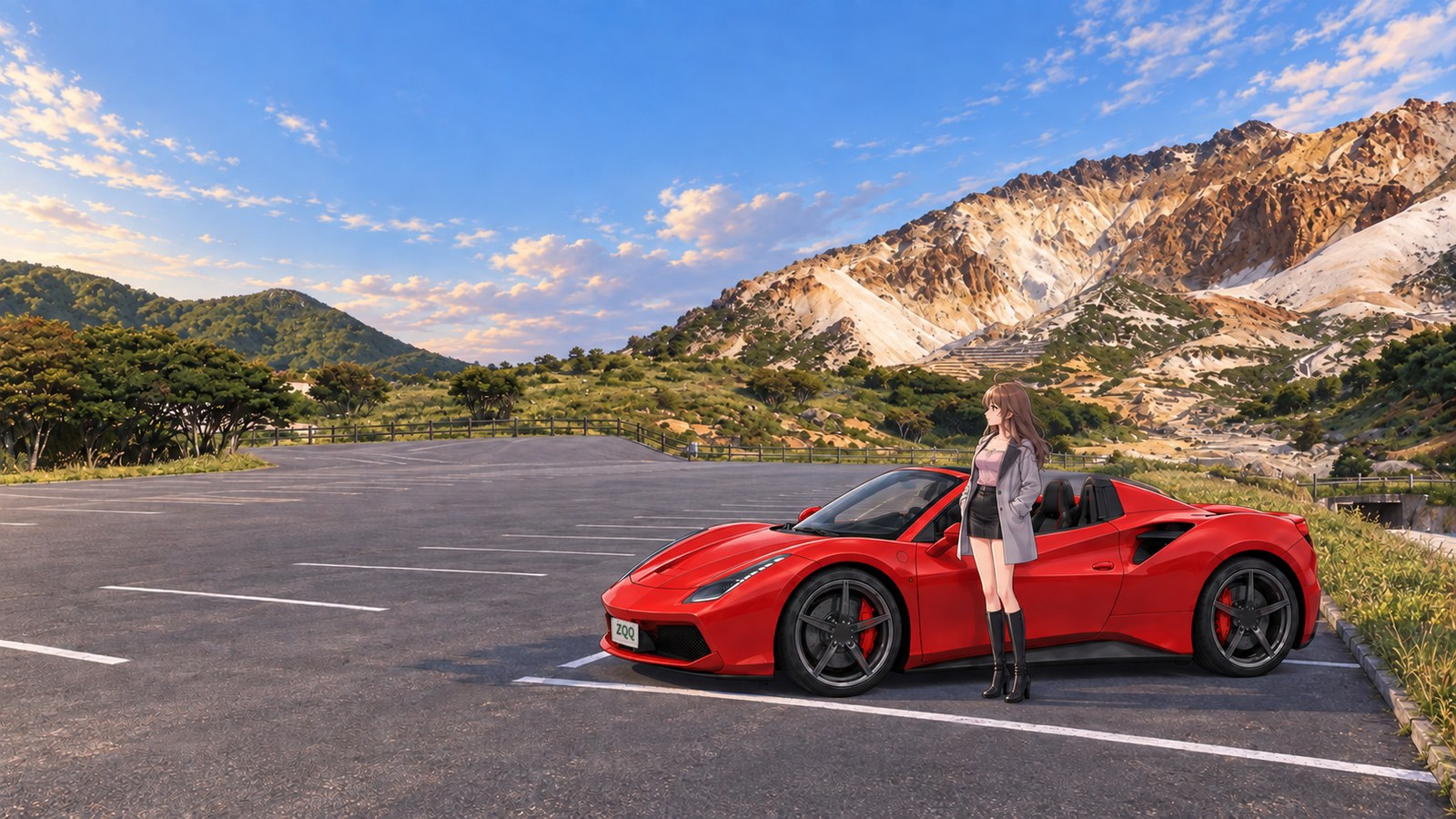 At the crater-plain car park on Mt. Esan on a spring evening, a woman stands beside a red convertible with her hands in her jacket pockets. A tall, deeply ridged rock peak rises behind her.