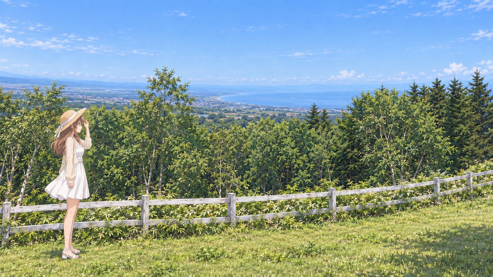 Beside the lookout at Yakumo Town Livestock Farm on a summer morning, a woman in a white dress stands on the visitor side of a white wooden fence, holding down her straw hat as she looks through the trees toward Uchiura Bay.