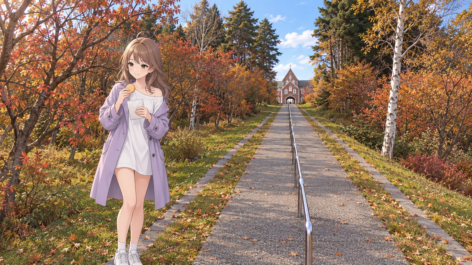 The heroine, in a pale lavender coat, eats a cookie from a paper wrapper on the leaf-strewn slope before the Trappist Monastery gate. A narrow handrail runs up the middle of the path, with the brick gate at the top.