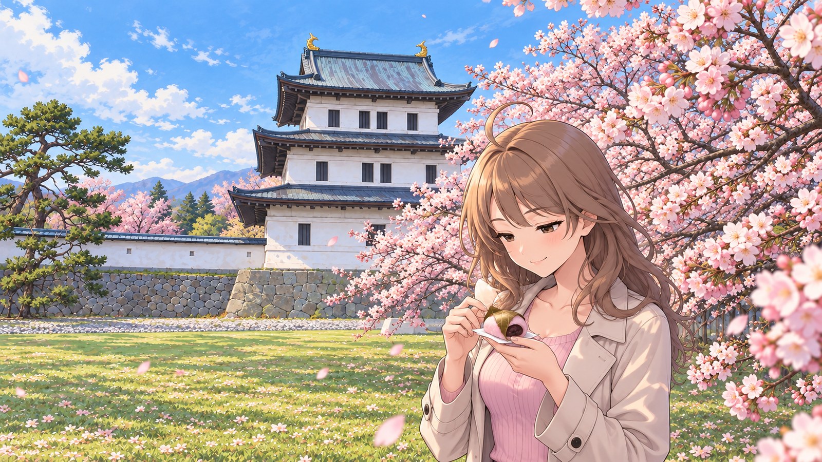 At Matsumae Park in spring, the heroine eats a thin-skinned sakura mochi topped with a cherry leaf, served on paper, with flowering branches and the keep of Matsumae Castle behind her. She wears a pink top under a beige coat.