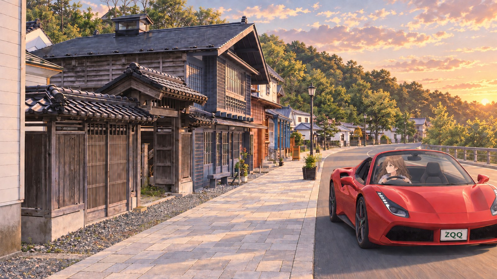 Just before sunset on a summer evening along Esashi Inishie Kaido, the heroine drives a red convertible slowly beside lattice-fronted merchant houses and a stone-paved sidewalk. She looks ahead with both hands on the wheel.