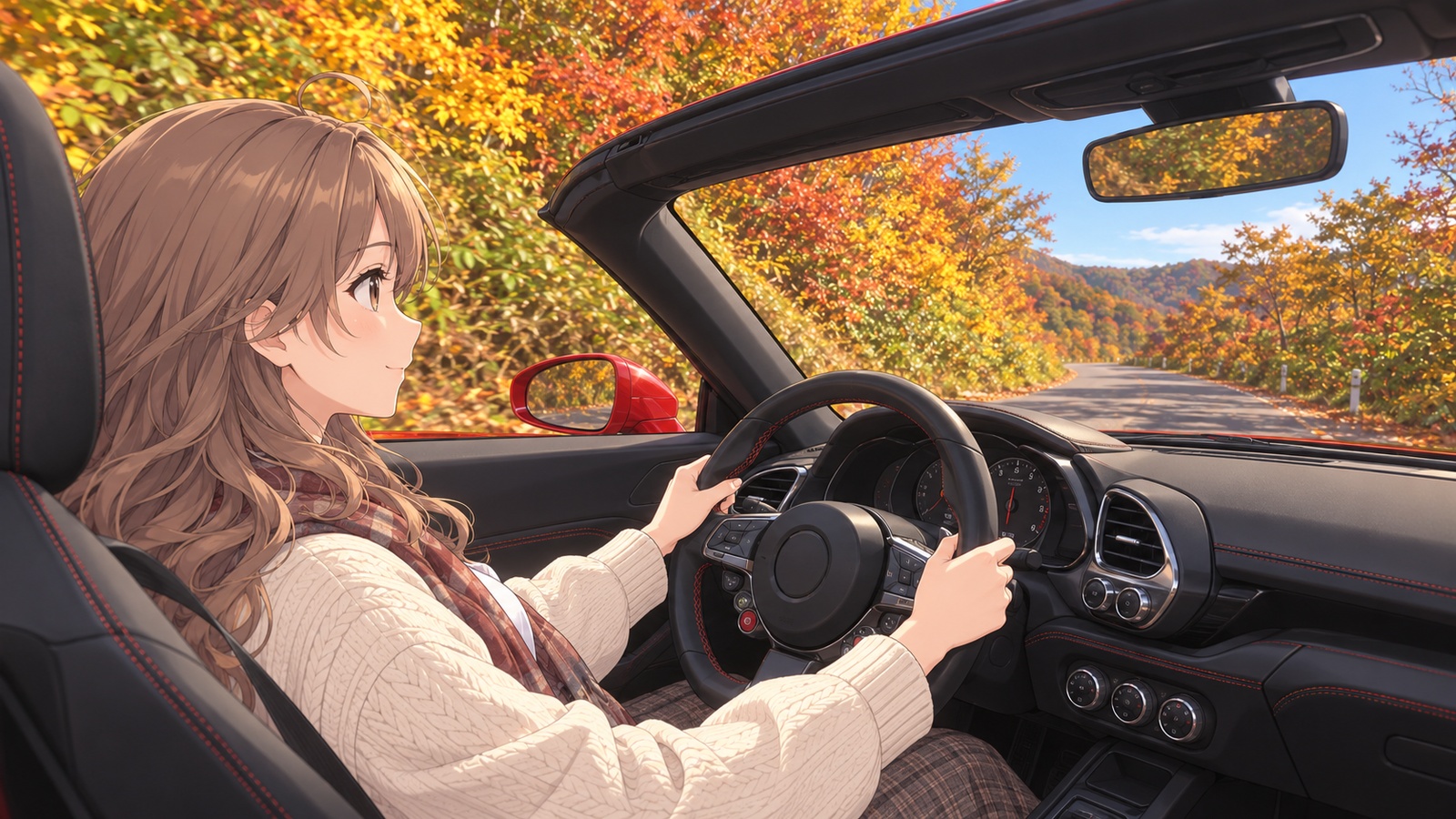 Inside a red convertible on the Tsugaru-Iwaki Skyline in autumn, a woman in a cream-coloured cardigan and checked scarf holds the steering wheel with both hands and looks ahead. Autumn-coloured trees line both sides of the road.