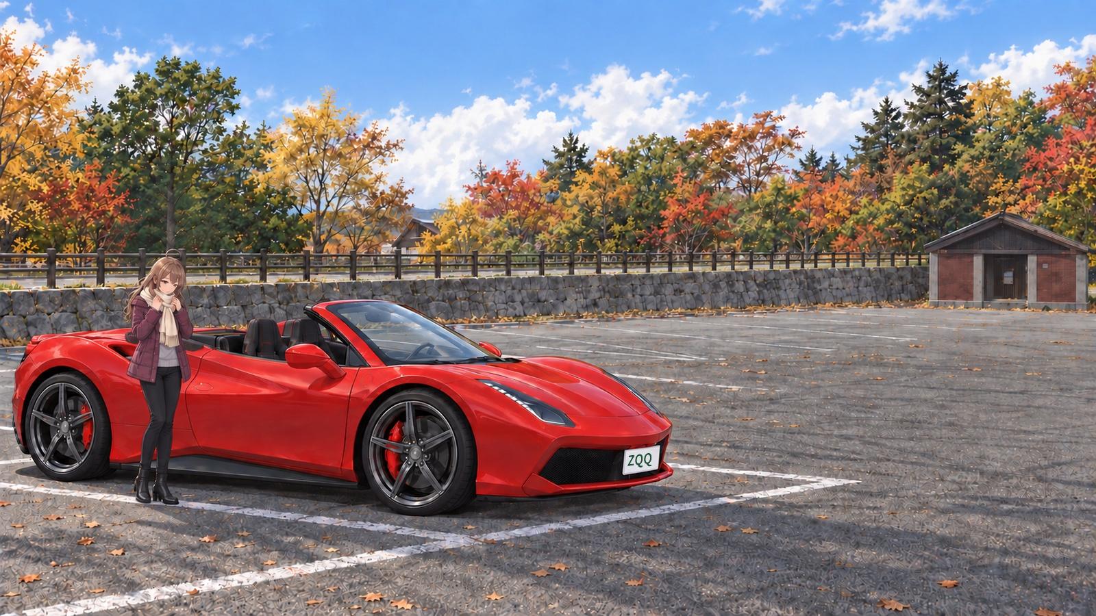 At the Shirabu Pass car park in autumn, a woman stands beside a red convertible with both hands near her mouth. She wears a purple checked jacket, a white scarf, and black trousers. A stone wall, wooden fence, hut, and autumn foliage are visible behind her.