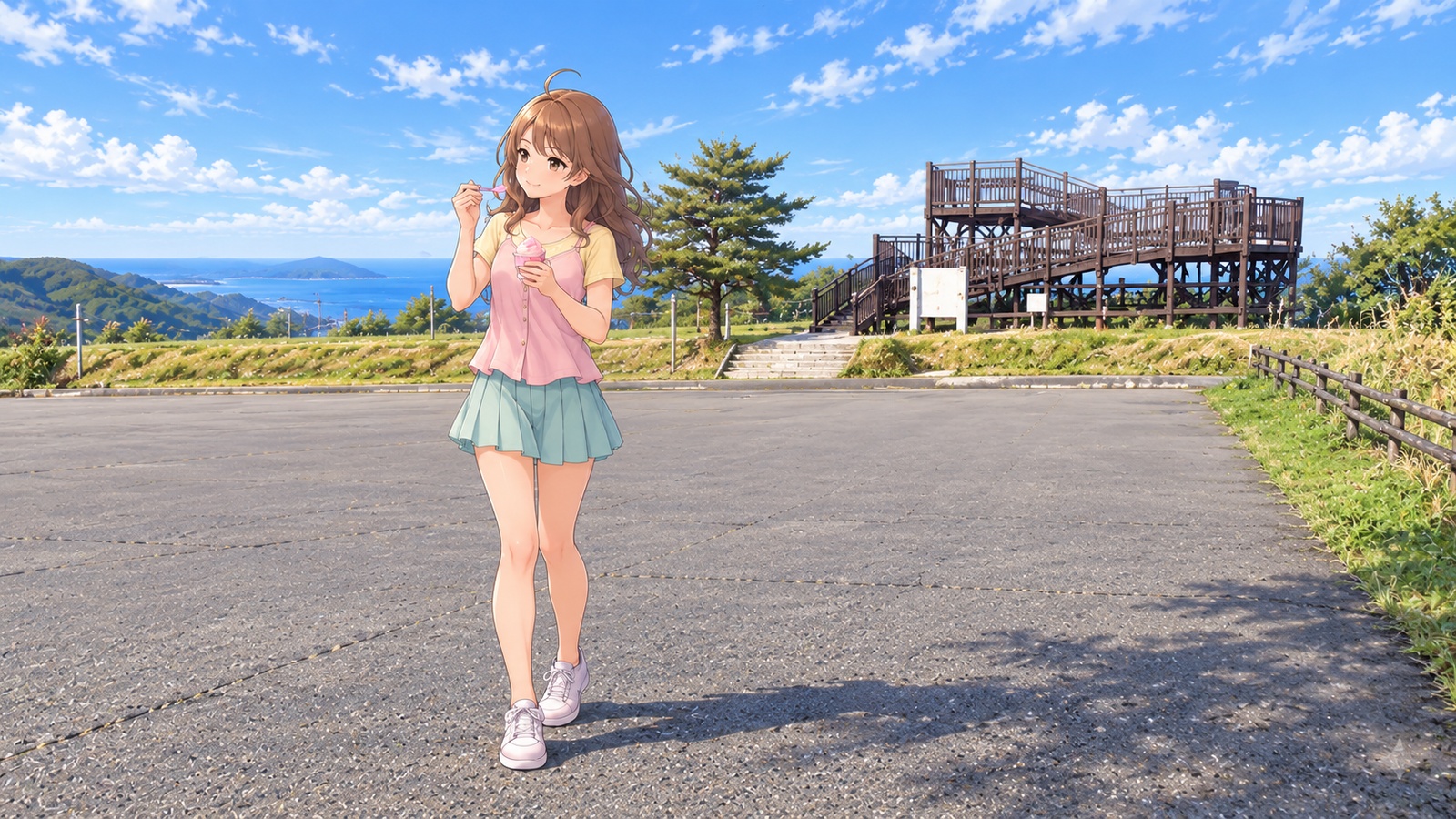 At Hachibodai Lookout in summer, a woman in a yellow short-sleeved top, a pink top and a mint-green skirt enjoys a cup of ice cream with a spoon. The wooden lookout and stairs are behind her, with the sea and green hills in the distance.