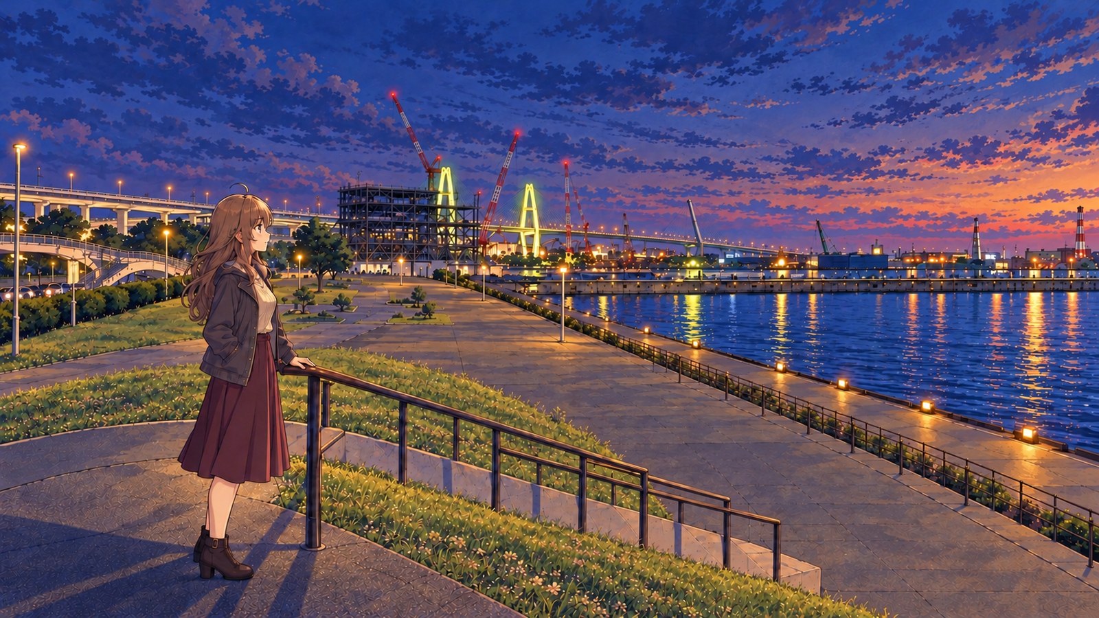 At Kinjo Pier Central Green Space in early autumn, a woman in a dark grey jacket and burgundy skirt rests one hand on a railing and looks out over the harbour. In the distance, the two main towers of Meiko Central Bridge glow yellow-green, with harbour lights reflected on the water.