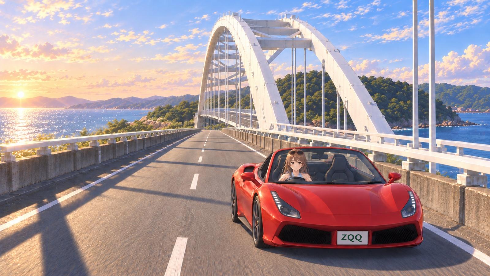 Kushimoto Bridge’s white arch and crossbeams rise behind a woman in a red open-top car on a summer evening. She looks ahead with both hands on the wheel; beyond her are the sea and green shoreline, and the passenger seat is empty.