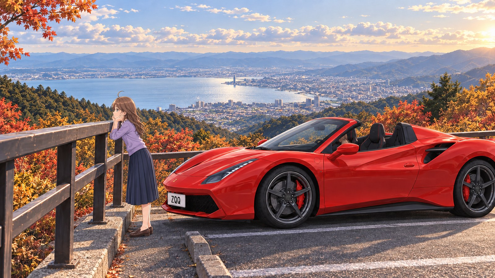 紅葉の夢見が丘展望台で、手すりにほおづえをついてびわ湖と大津の町を眺める主人公。後ろに赤いオープンカー