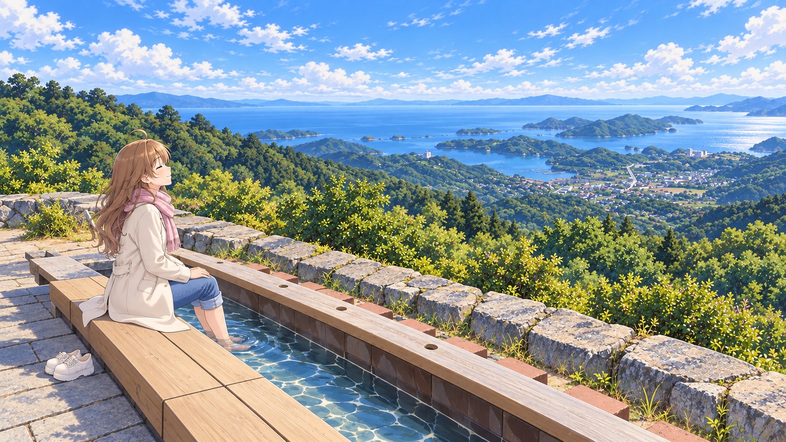 Beneath a blue winter sky, a woman in a long, light-colored coat and pink scarf sits with her feet in the long, narrow scenic footbath at the summit of Mount Asama, her eyes closed. Mountain slopes, the sea, and islands stretch out beyond her.