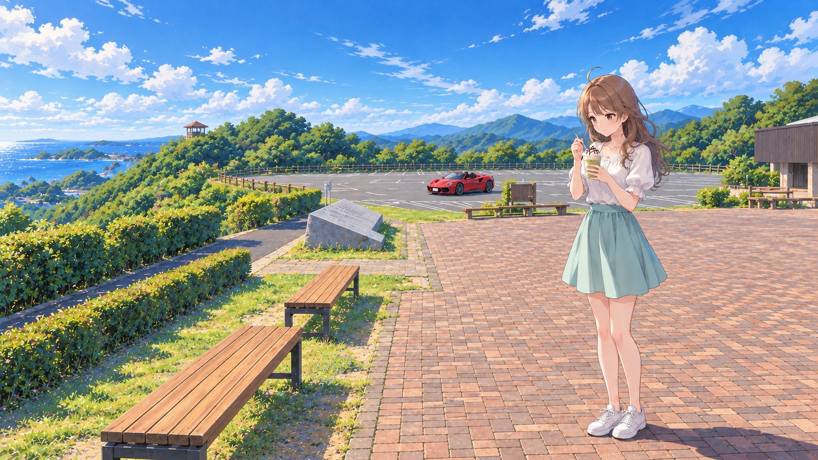 A woman in a white puff-sleeve blouse and mint skirt holds a pale green frappé and a spoon in the brick plaza at Toba Observatory on a summer day. A red car is parked in the car park behind her, and the sea is visible through the trees on the left.