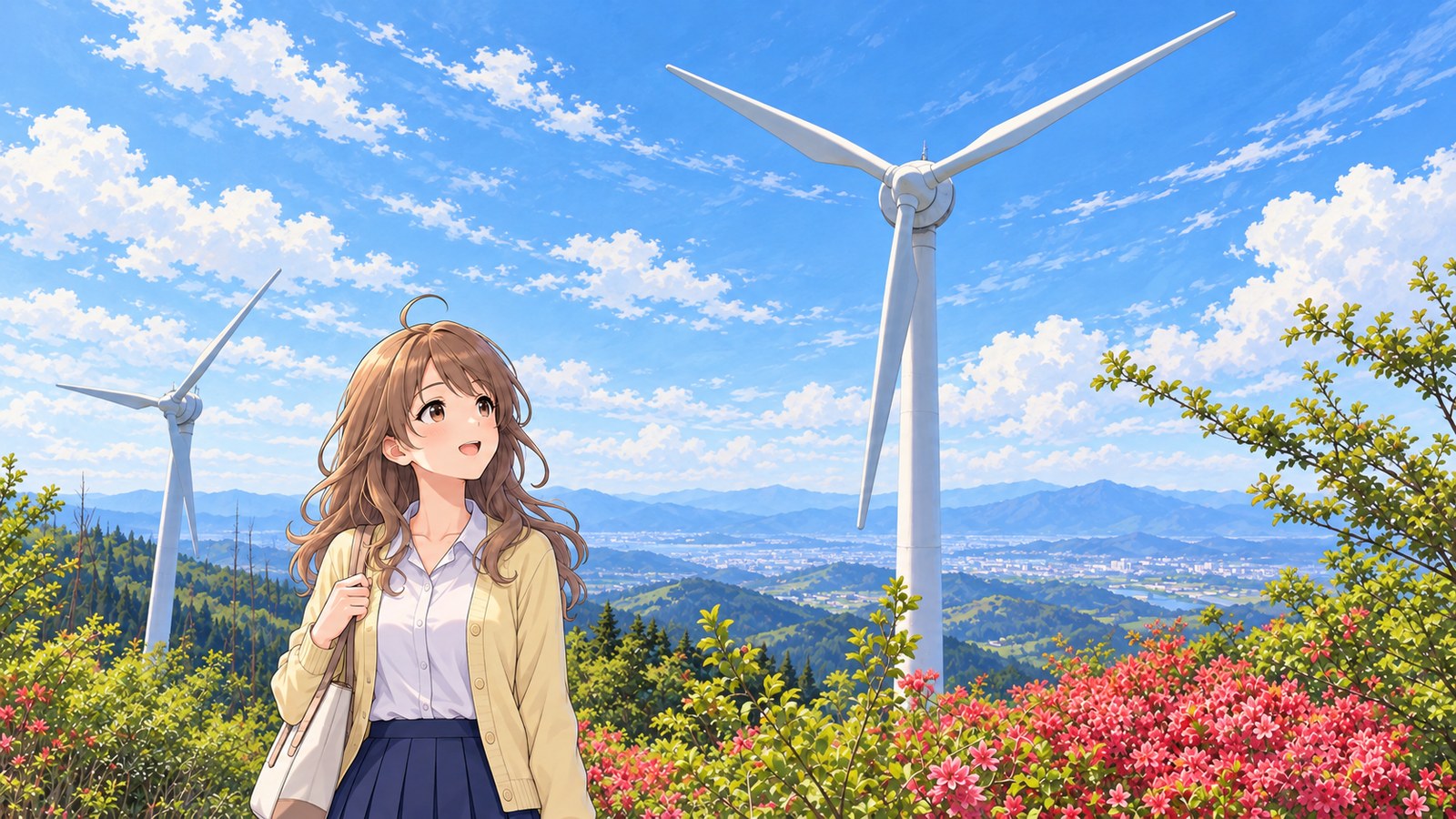 With spring azaleas and 2 white wind turbines behind her, the narrator looks up at a turbine while holding her bag’s shoulder strap. She wears a pale yellow cardigan, a white shirt and a navy pleated skirt