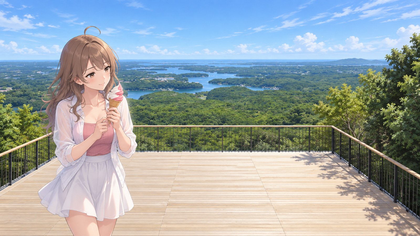 At Yokoyama Observatory in May, a woman in a white shirt, pink top and white flared skirt holds pink-and-white soft serve near her lips. The inlets of Ago Bay stretch beyond the wooden deck and black vertical-slat railing.