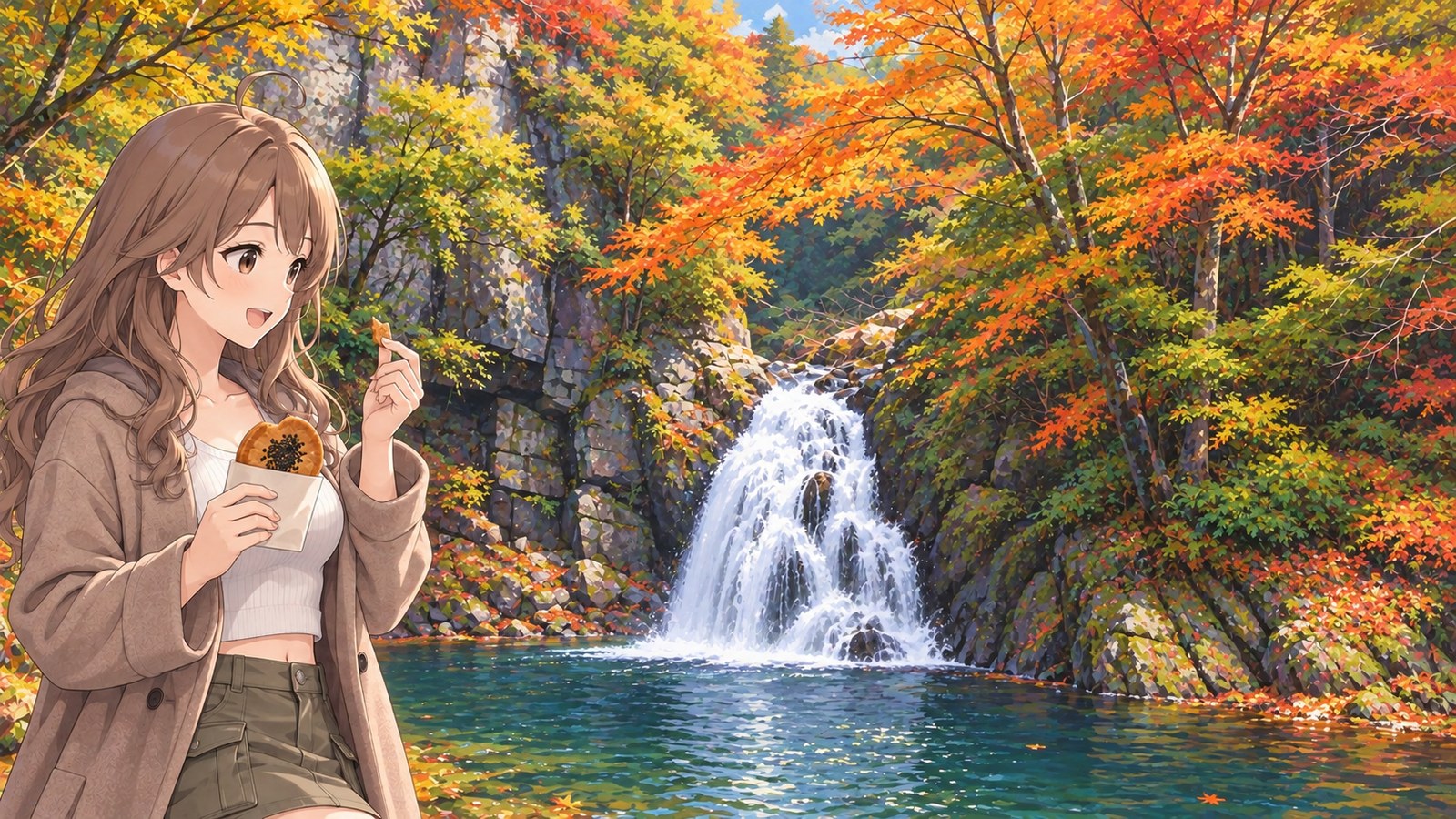 With autumn leaves and the pool of Senju Falls behind her, the narrator holds a round katayaki biscuit and a small broken piece. She wears an open brown-toned coat, a short white top and a khaki skirt