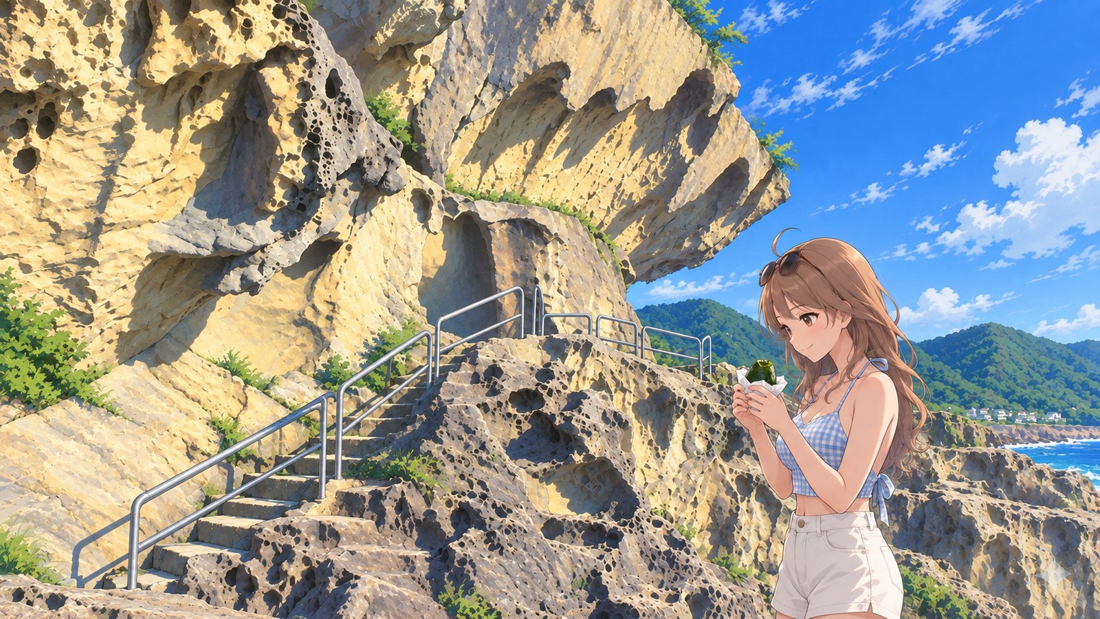 A woman in a light blue checked top and white shorts holds mehari sushi wrapped in a leaf of pickled mustard greens in front of Onigajō's pockmarked rock wall and a staircase with handrails.