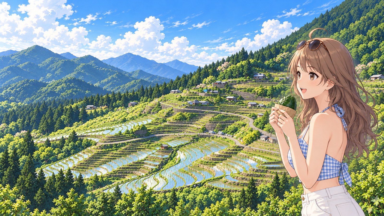 A woman in a light blue checked top and white shorts holds mehari sushi wrapped in a leaf in front of Maruyama Senmaida's water-filled rice paddies and young plants layered across the hillside.