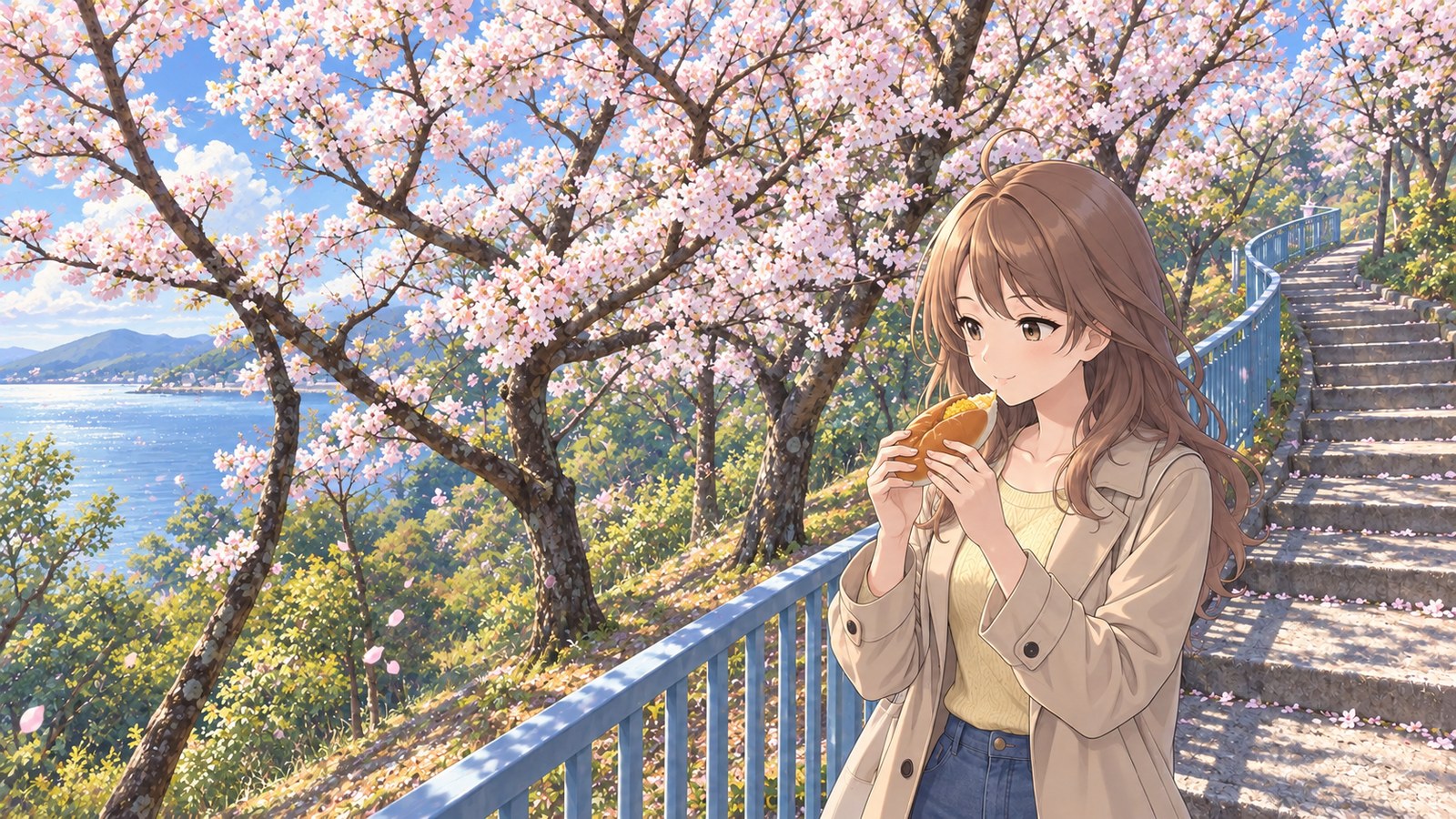 The heroine stands on a stepped walkway at Tsuzuraozaki, surrounded by cherry branches, holding a bread roll in both hands. She wears a beige jacket, pale yellow knit top and jeans. A blue-grey railing and Lake Biwa are visible through the trees.