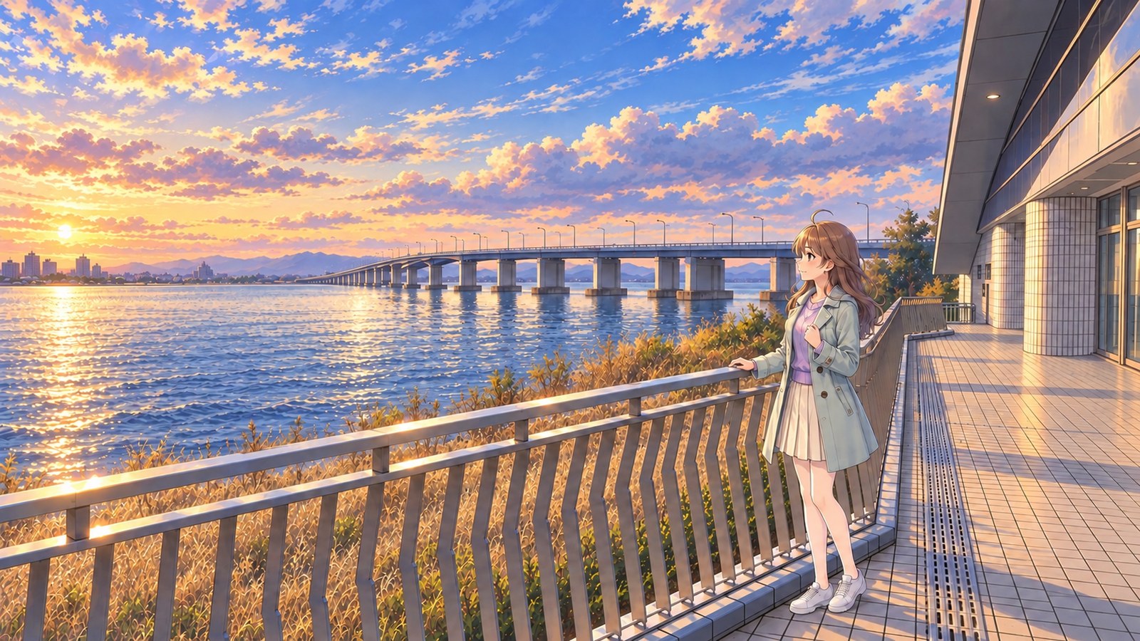 On a spring evening, a woman in a pale mint coat, purple knit top and cream skirt rests a hand on the rail of the lakeside walkway at Biwako Ohashi Kome Plaza. The Biwako Ohashi Bridge’s piers and curve stretch across the lake behind her.