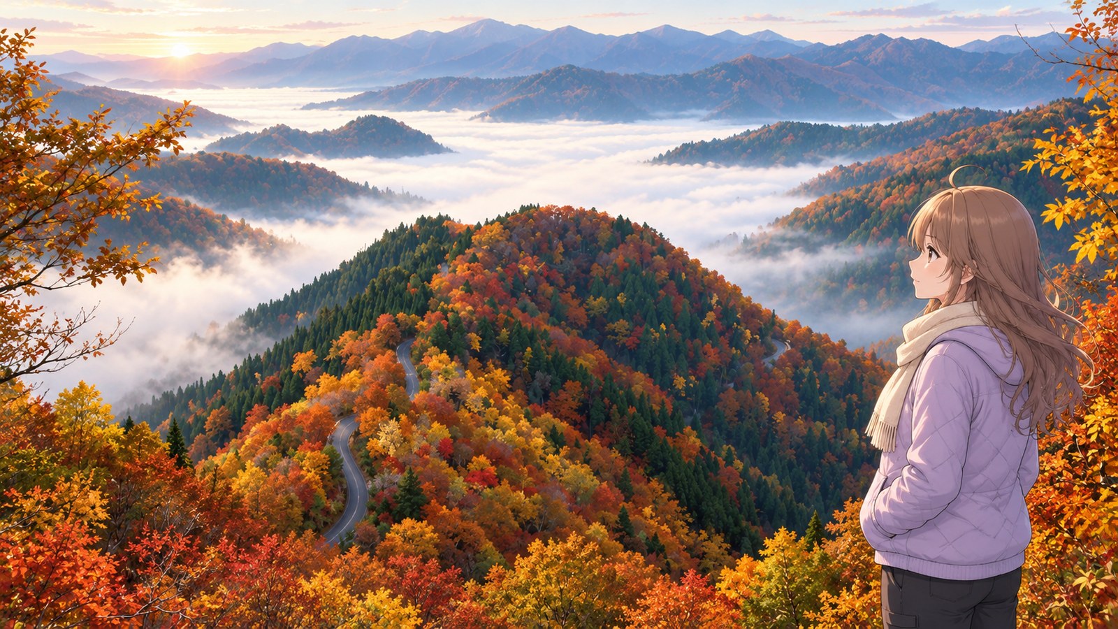 At dawn in autumn, a woman in a purple quilted jacket and cream scarf gazes at the mountains with her hands in her pockets. A winding road crosses a hillside covered in autumn foliage above a white sea of clouds filling the valley.