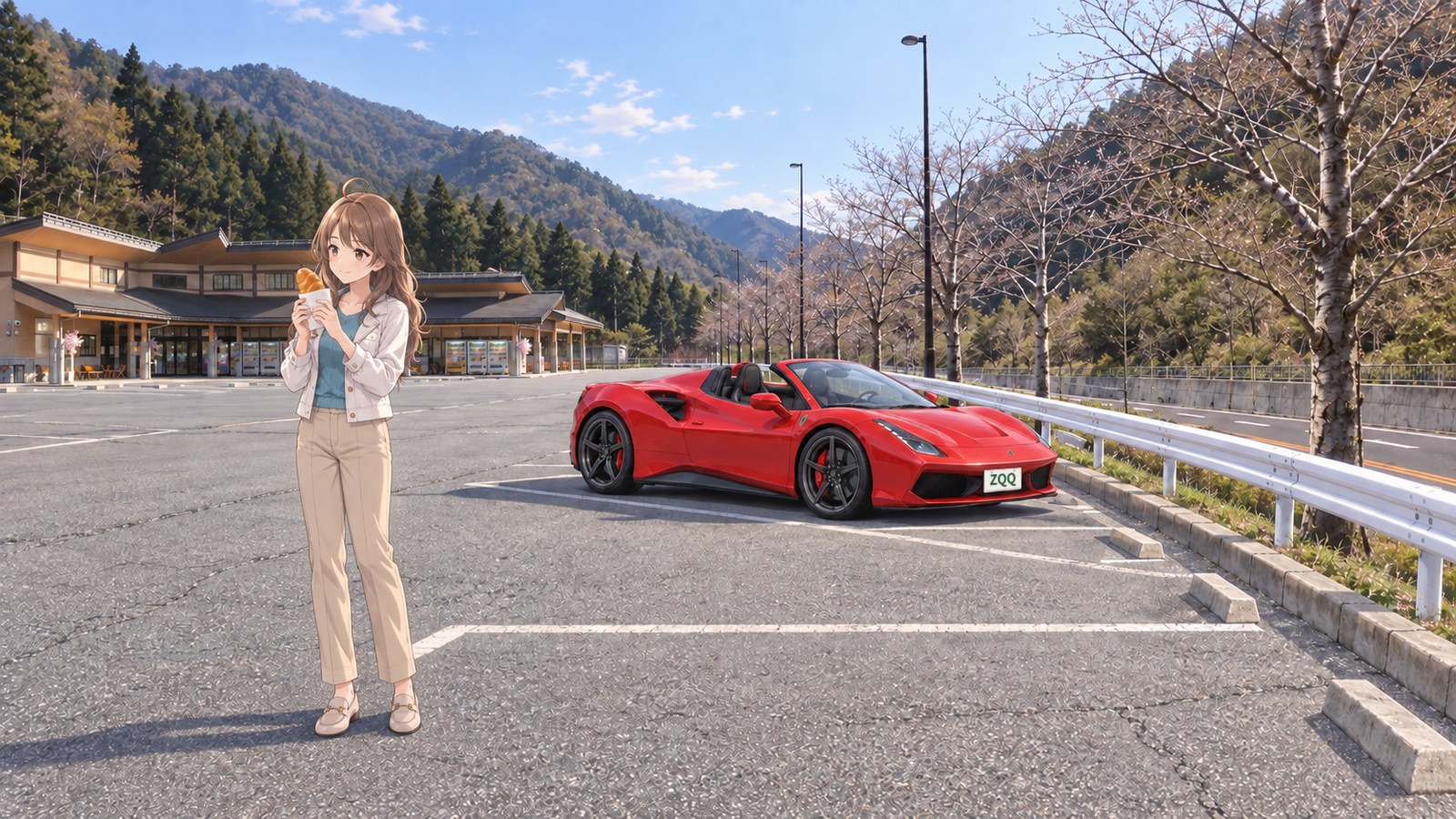 A woman in a short white jacket, teal shirt and beige trousers holds a bun wrapped in paper on a spring afternoon. In the background are a low building at a roadside station among the mountains, a white guardrail and a parked red car.