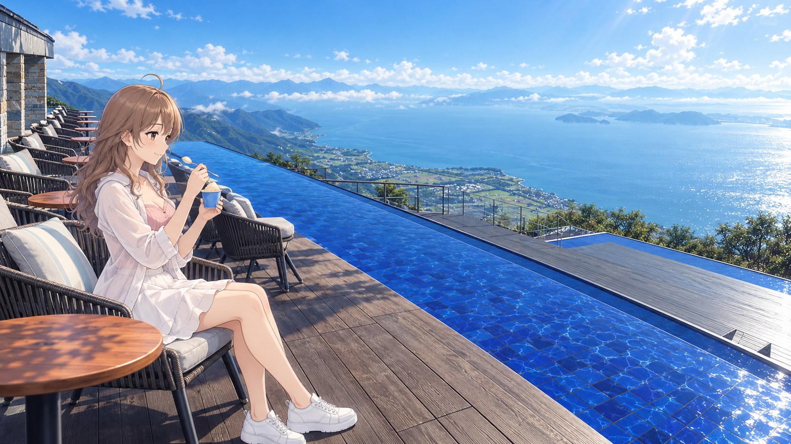 A woman in a lightweight white shirt, pink top, white skirt, and sneakers sits in a chair on a summer afternoon, holding a blue cup of gelato and a spoon. Lake Biwa lies beyond the wooden deck and blue reflecting pool.
