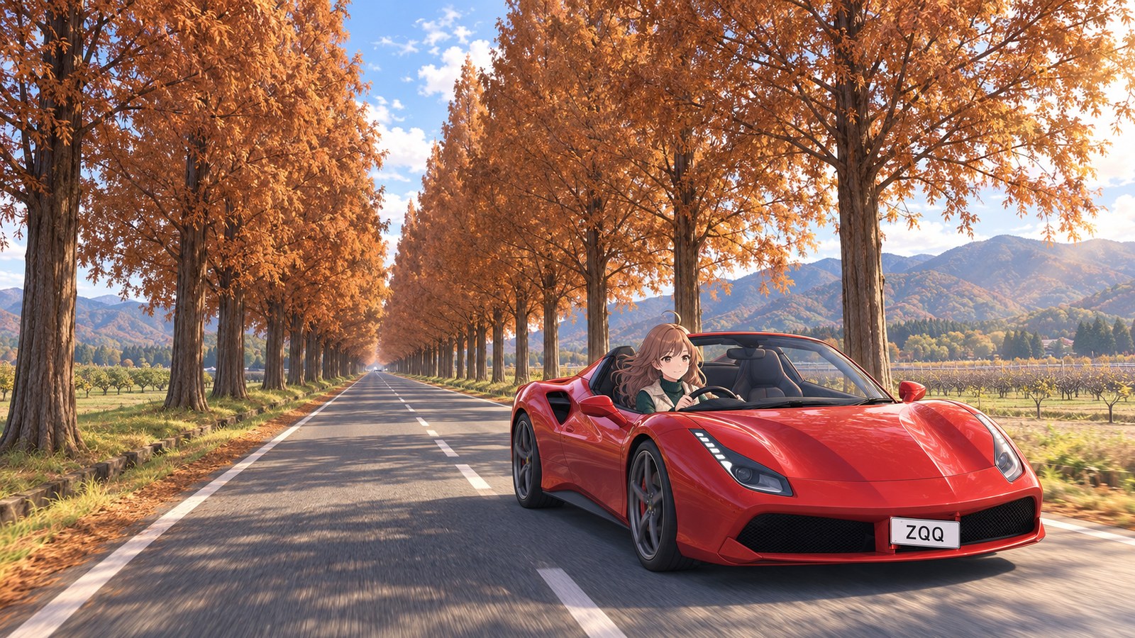 紅葉したメタセコイアが両側に並ぶ一本道を、赤いオープンカーでゆっくり走る主人公
