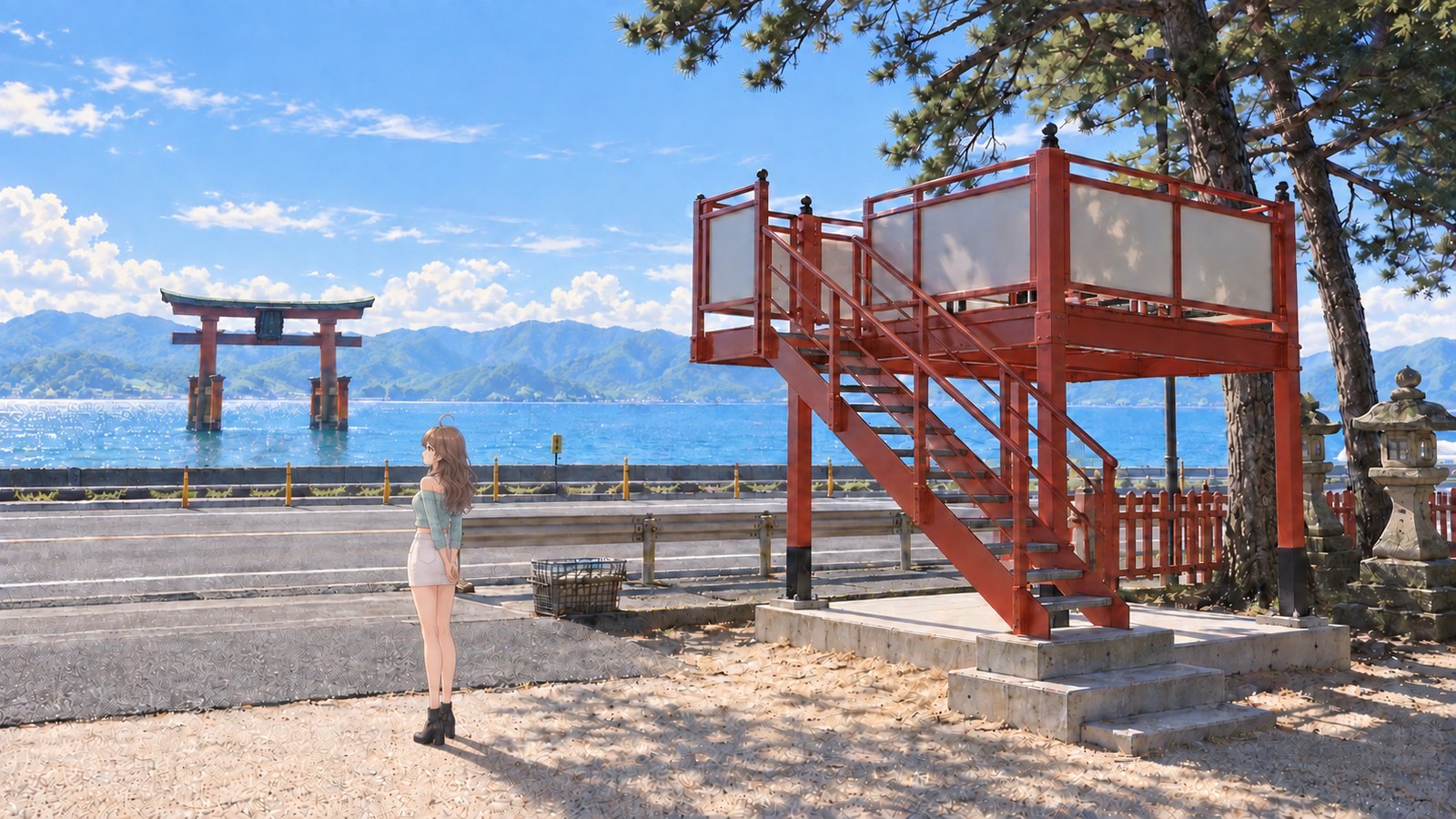 On the grounds of Shirahige Shrine, the heroine gazes out over Lake Biwa, with the great torii gate in the water and the red Aiko Shirahige-dai lookout visible nearby. She wears a mint-colored top and a white miniskirt.