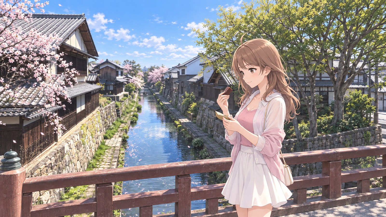 From Hakuun Bridge, a view of Hachiman-bori lined with spring cherry blossoms, stone embankments, and white-walled townhouses. The heroine wears a white shirt and skirt with a pale-pink cardigan, peeling back a bamboo sheath and pinching off a piece of brown detchi yōkan.