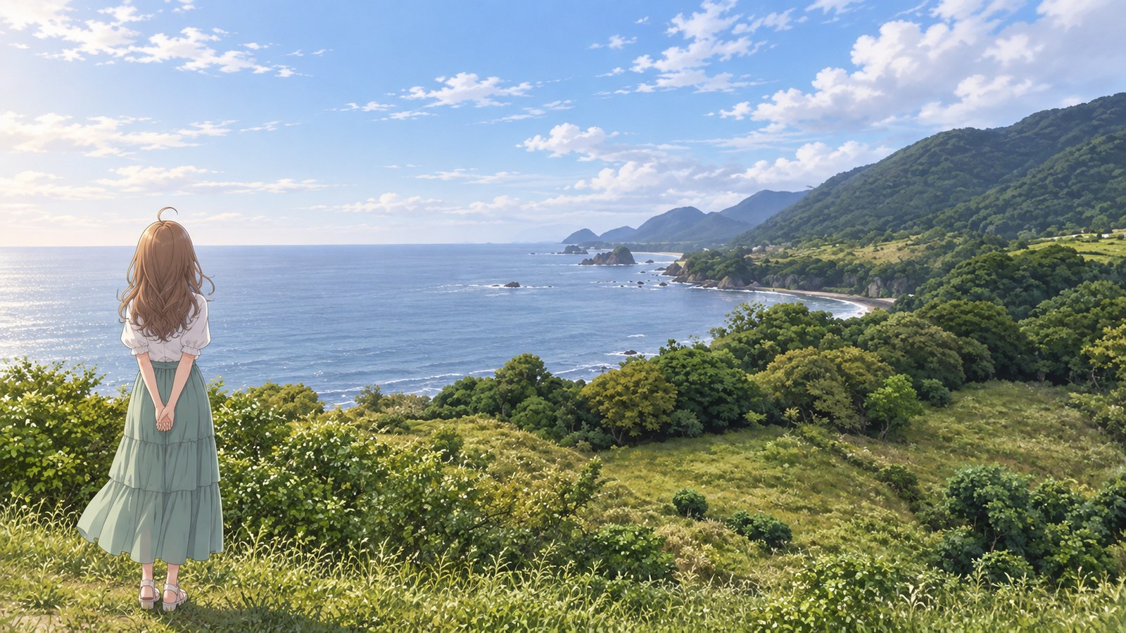 On a summer morning, a woman in a white puff-sleeve blouse, long green skirt, and white sandals stands with her hands clasped behind her back, looking out to sea. Beyond the grass and low shrubs are the wide sea, headlands layered into the distance, and a small rock.