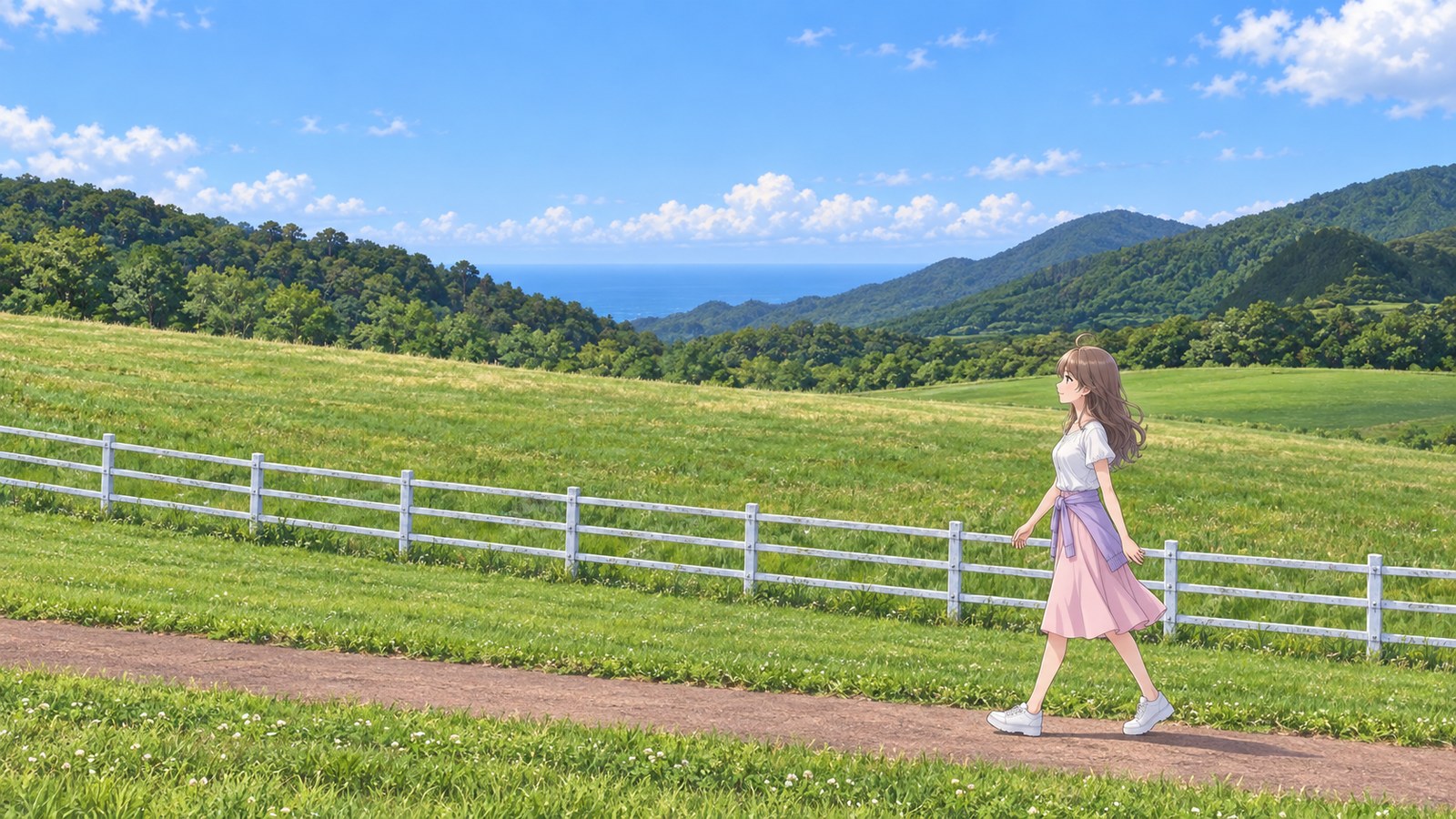 One late morning in early summer, a woman walks in a white short-sleeved blouse and pink skirt, with a purple cardigan tied around her waist and white sneakers. Beyond the white fence, grassland stretches to the mountains; the Sea of Japan appears in a small gap between them.