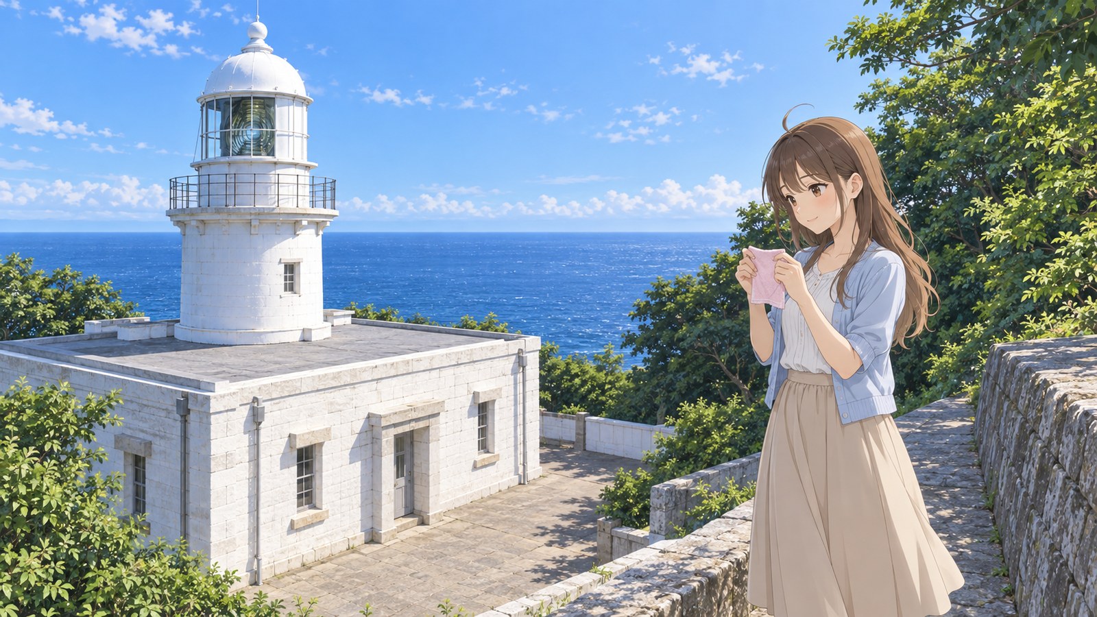 A woman in a white blouse, pale blue cardigan and beige skirt holds open a small pink handkerchief with both hands on an early-summer morning. The white lighthouse, a stone wall and the Sea of Japan are visible from the hillside path.